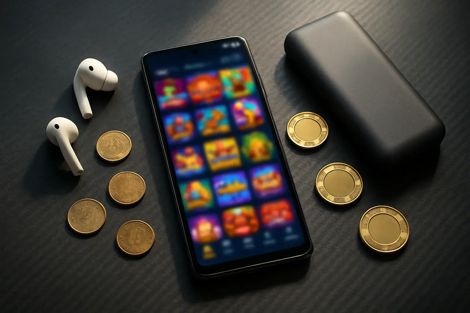 Ultra-realistic flat-lay of Android casino app setup with chips and peso coins