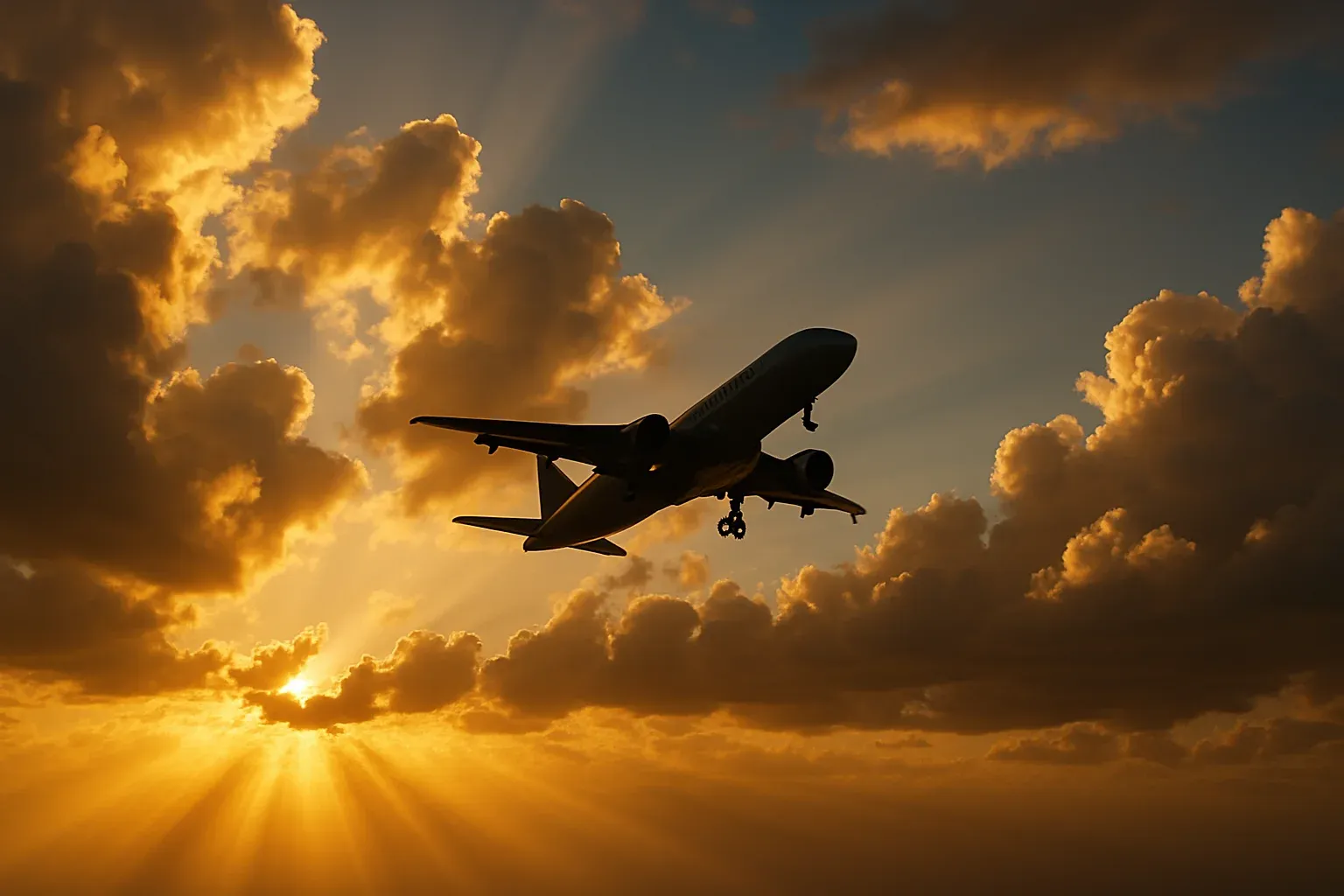 Modern plane silhouette ascending through golden-hour clouds with dramatic god rays