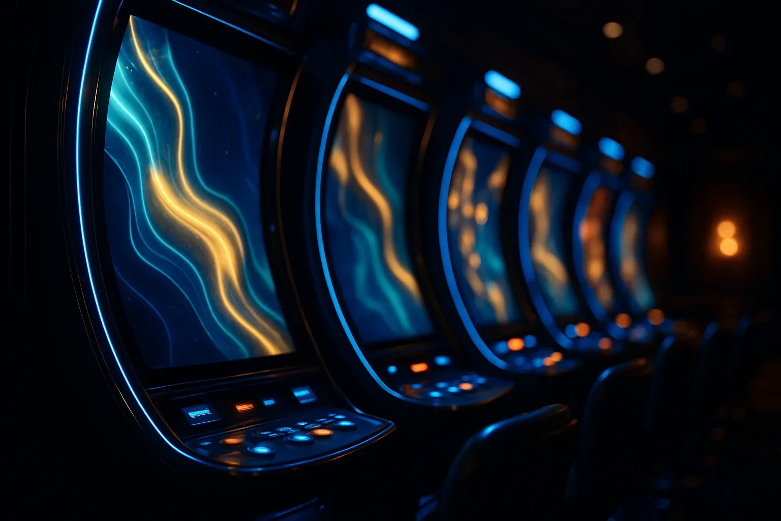 Glowing curved slot screens in dark premium lounge with blue gold neon