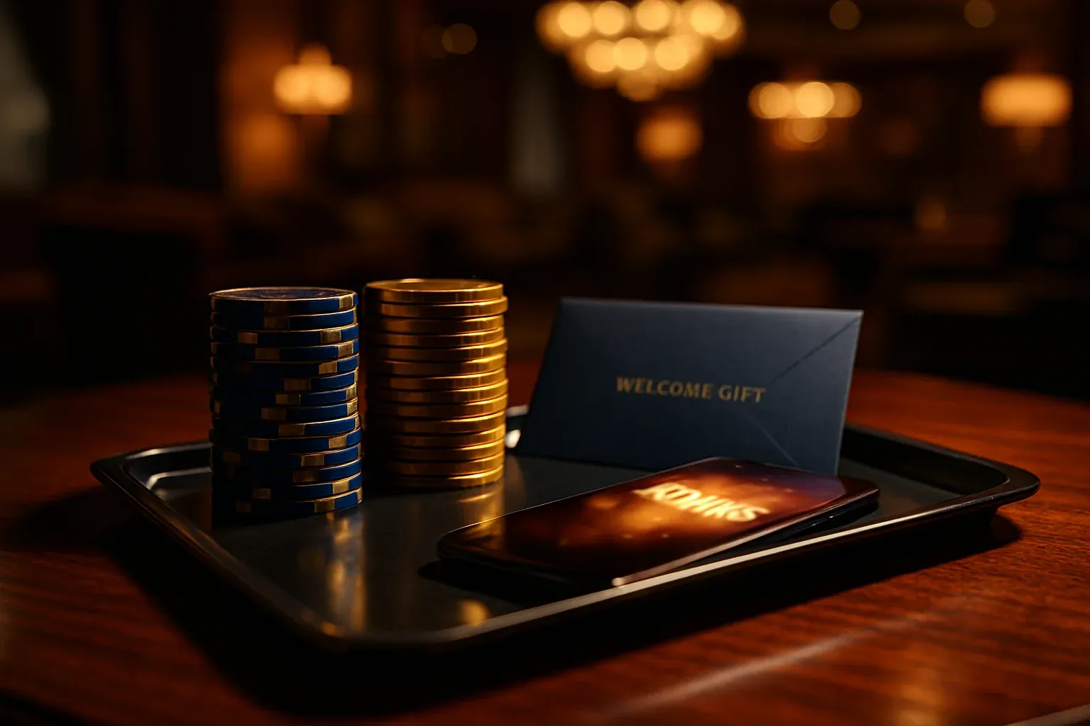 VIP casino bonus tray with blue gold chips and smartphone in Manila lounge
