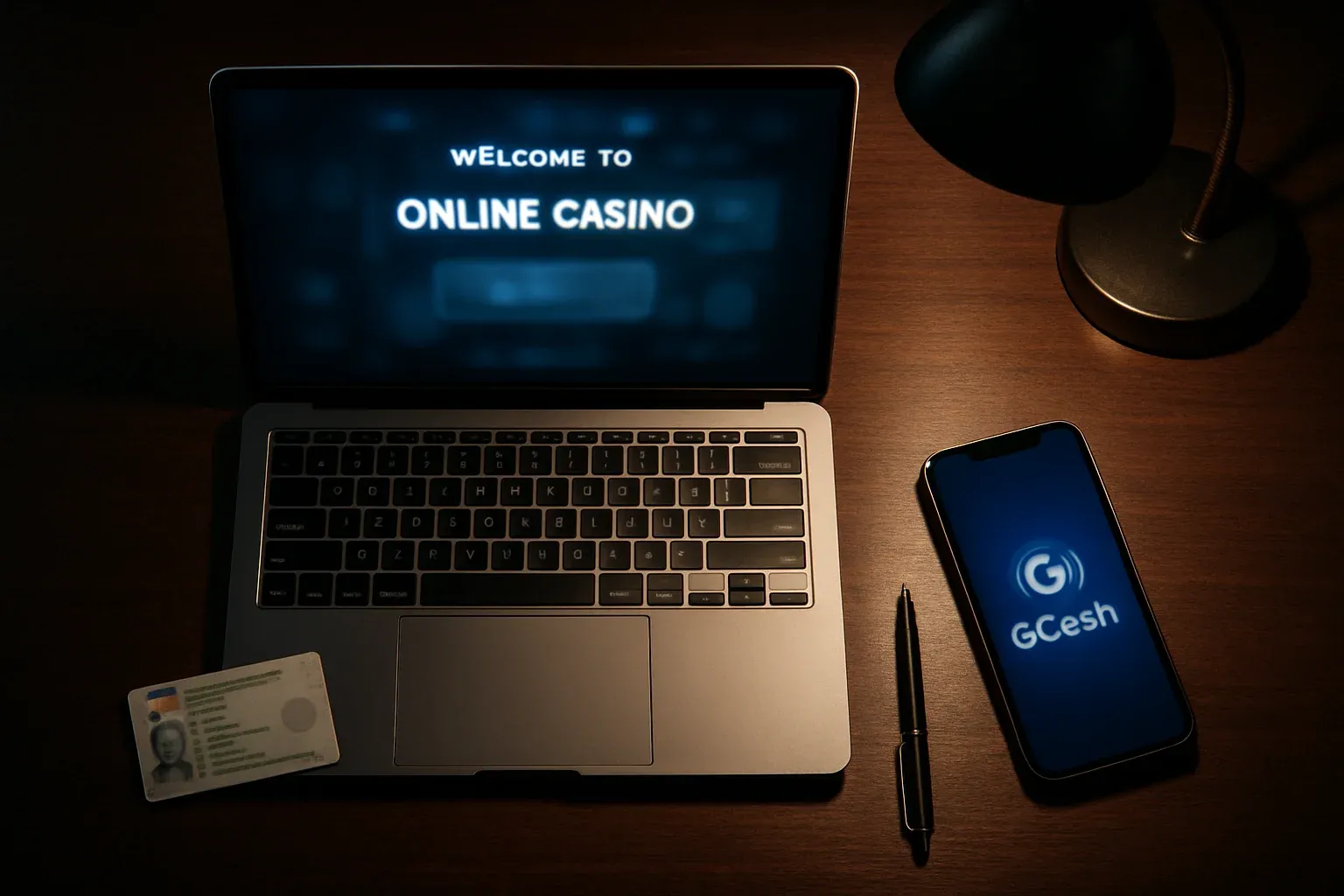 Premium online casino signup on laptop with ID card and smartphone