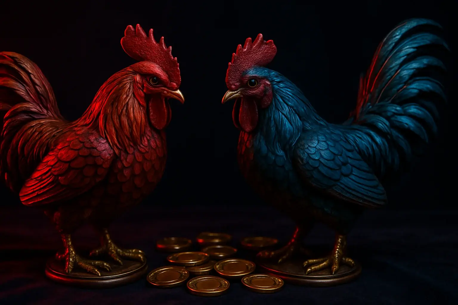 Ultra-realistic red and blue fighting rooster statuettes with golden casino chips