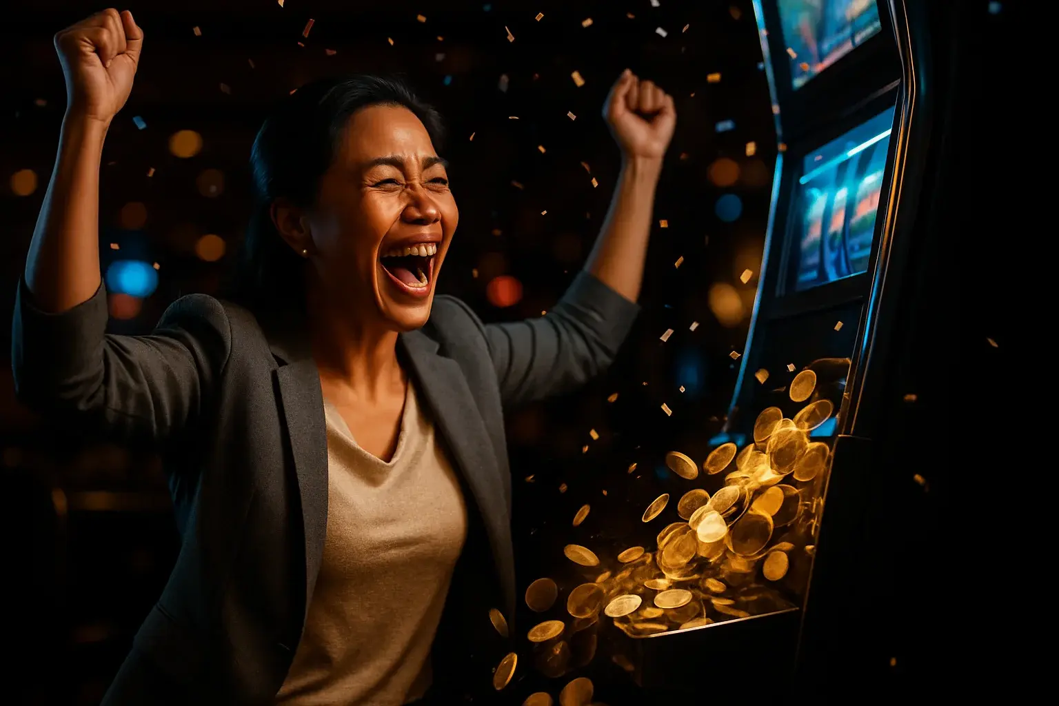 Filipino woman celebrating jackpot as golden coins cascade from slot machine