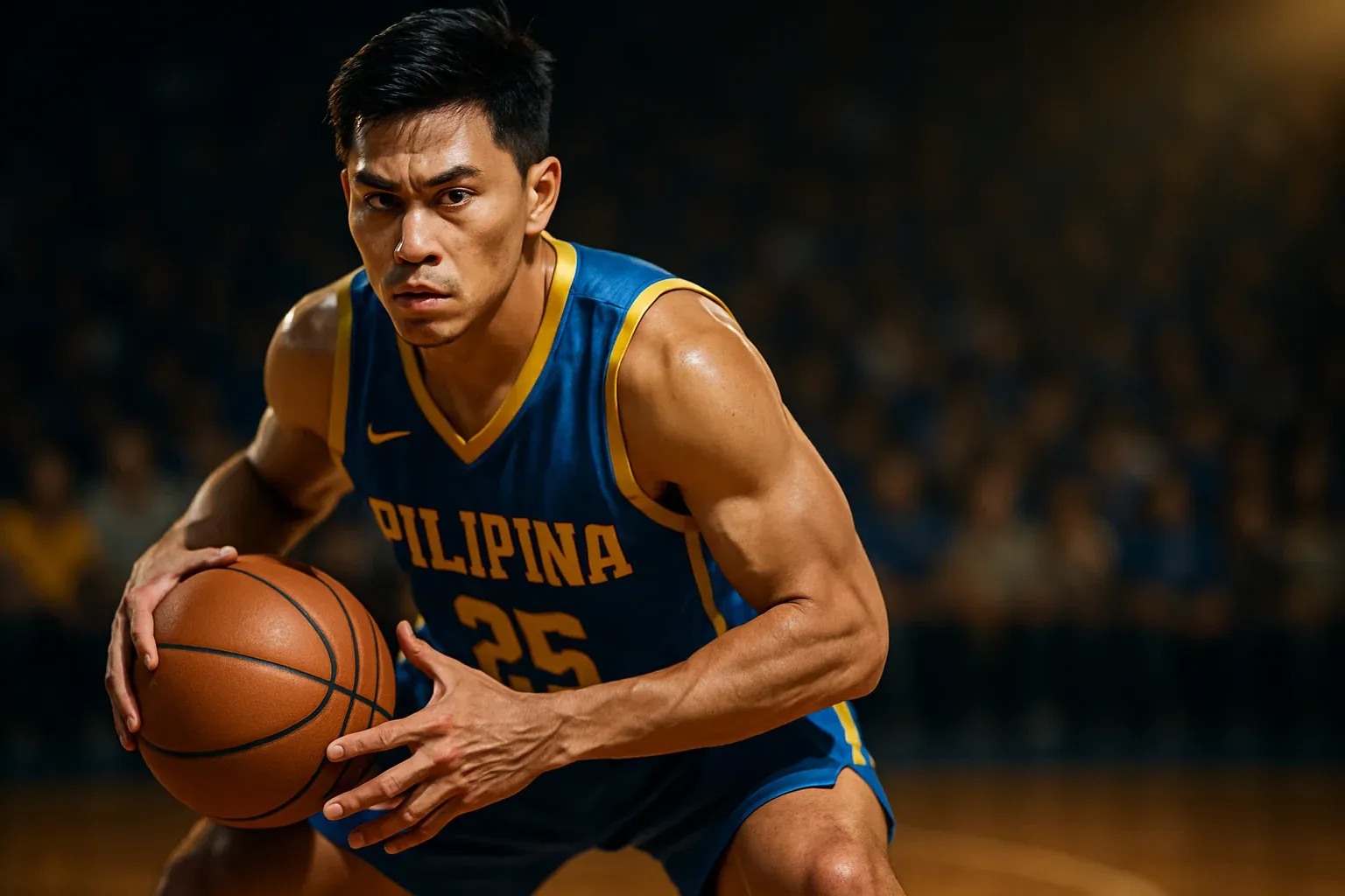 Ultra-realistic Filipino basketball player dribbling midcourt under arena lights